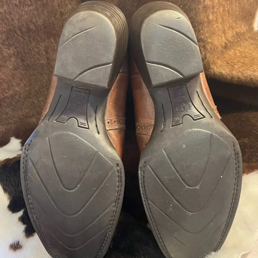 BROWN BOOTS SQUARE TOE RIDING HEEL LADY 8 MEN 7D ARIAT SPUR SHELF STITCH UNISEX - Picture 10 of 15